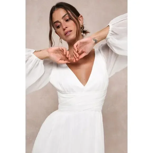 Lulus Enchant My Love White V-Neck Long Sleeve Maxi Dress Bridal Bide Wedding M - Picture 2 of 6